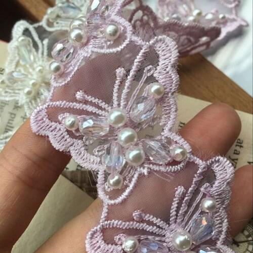 2yards Organza glass beads embroidery butterfly lace craft material cloth stickers wedding veil jewelry accessories patchFT012