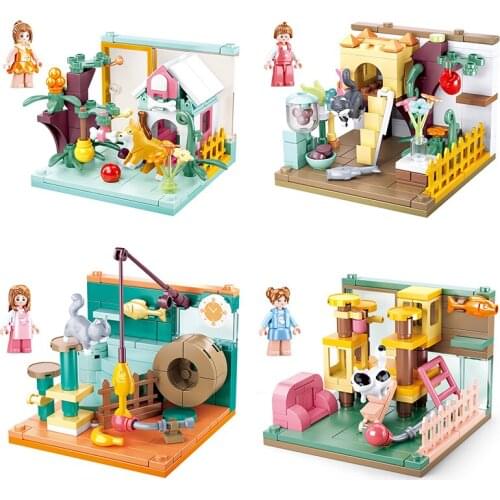 4pcs/lot Creator Pet Cabin Street View DIY House Ideas Building Blocks Kit Bricks Classic Home Model Kids Toys For Children Gift