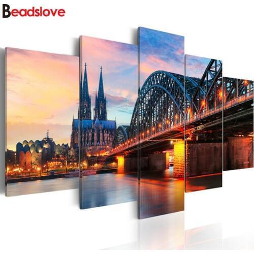 5d DIY Diamond Painting City Landscape Contemporary Full Drills Diamond Embroidery 3D Diamond Mosaic Needlework 5 pcs