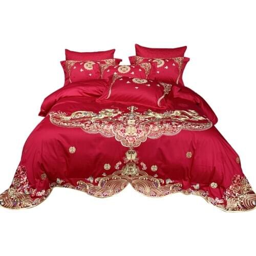 Caiyitang 100% cotton smooth soft silk like bedding set for wedding embroidery bed sheet valuable propitious style bed set