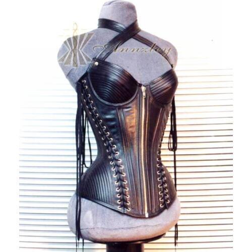 Black Luxury Top Grain 100% Genuine Leather Corset Strap And Lacings Waist Slimming Corset