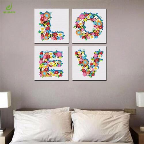 JHLJIAJUN 4 Piece Nordic Love Flowers Painting Modual Canvas DecorationModular Picture Art Decorative Bedroom Room Decor Picture