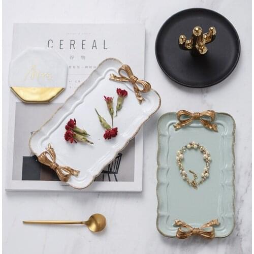 Ceramic Vintage White Bow Jewelry Tray Kitchen Table Food Ring Tray Tableware Living Room Sofa Storage Trays Decorative