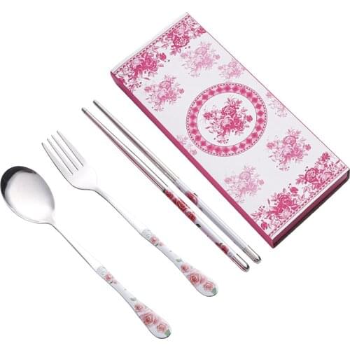 Chinese Style Creative Stainless Steel Tableware Gift Fork Spoon Chopsticks Flower Pattern Travel Portable Dinnerware 3PCs/Set