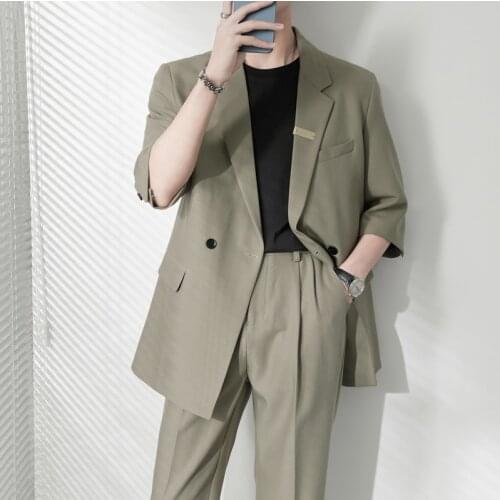 2021 Korean Fashion Male Suit Short Sleeve Luxury Mens Classic Suit Sets Wedding Dress Blazers 2-piece Summer Tailor-made Suits