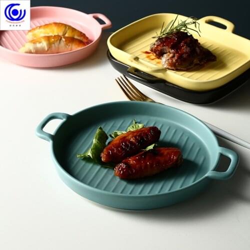 Creative Binaural Striped Baking Pan Baking Pan Household Ceramic Plate Western Food Plate Dish Breakfast Plate