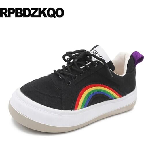 Black Women Rainbow Platform Spring Autumn Retro Canvas Shoes Leisure Embroidered Sneakers Flats Creepers Trainers Thick Sole