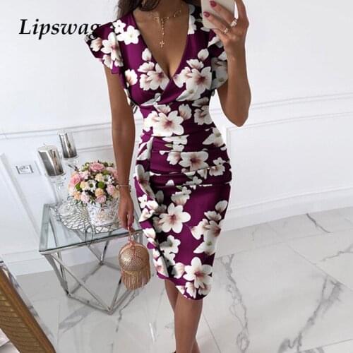 Summer Women Wrap V Neck Ruffle Dress Vintage Print Slim Fit Bodycon Party Dress Fashion Butterfly Sleeve Office Lady Midi Dress