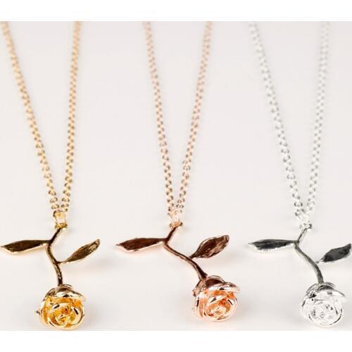 MQCHUN Newset Beauty and the Beast 3D Rose gold color Personalized Birthstone charm Necklace Final Rose Flower Jewelry-30
