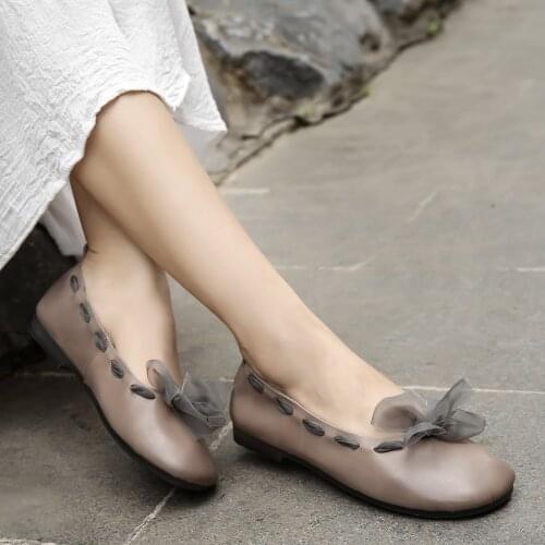 Bow Design Leather Handmade Soft Sandals Slip ons Black/Khaki Fairy Temperament
