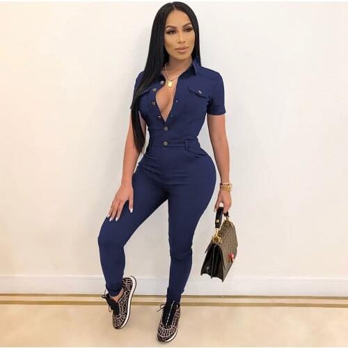 Single-breasted Sport Rompers Womens Jumpsuit Casual Short Sleeve Turn Down Collar Overalls Summer Pocket One Piece Club Outfit