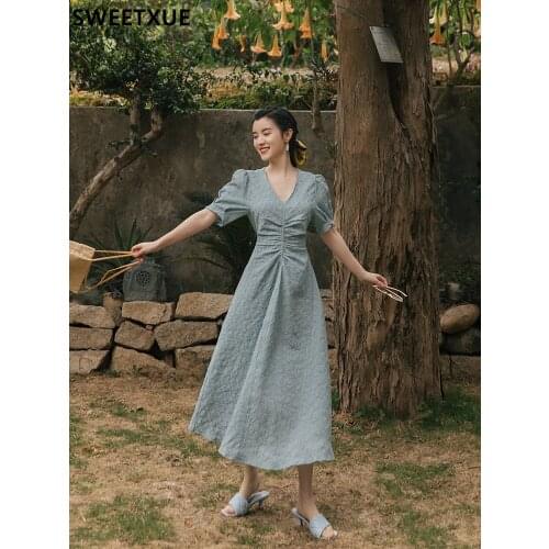 SWEETXUE Womens Summer 2021 Vintage Romantic French Girl V-neck Short Sleeve Dress Comfortable Chic Party Elegant Dress Vestido