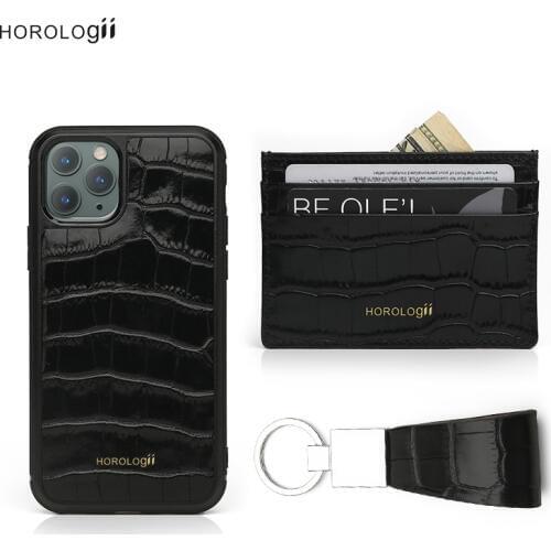 Horologii Custom Letters gift set black croco pattern Italian leather for iphone 11 Pro Max Case with card holder dropship