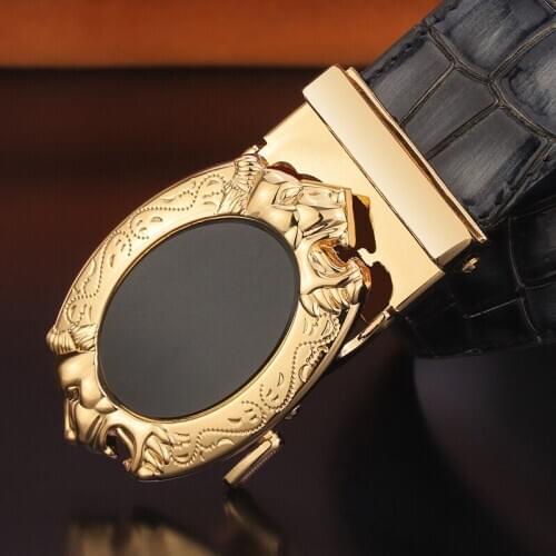 High Quality Crocodile pattern leather automatic buckle belts men luxury brand lion buckle fashion Western style Waist strap