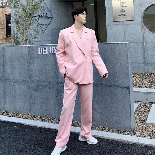 Pink Suit Two-piece Sets Men Loose Tide Brand Mens Hairstylist Personality Suits Singer Costumes Summer Designer Models