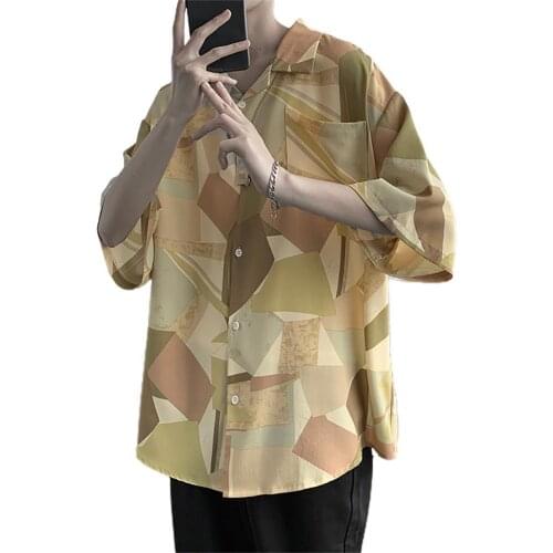 Shirts Men Fashion Color Block Short Sleeves Turn-down Collar Men Loose Casual Top Shirt Mens Clothing 2021