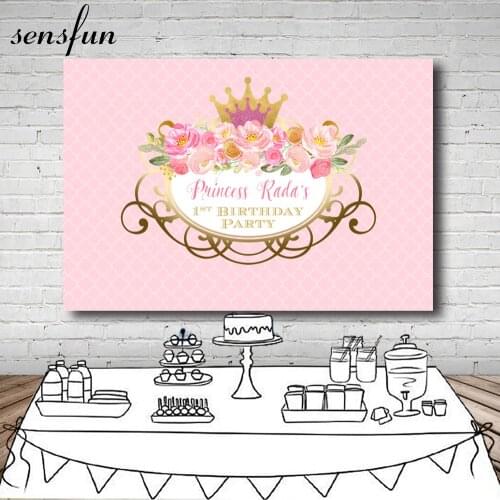Sensfun Pink Flowers Baby Shower Backdrop For Photo Studio Gold Crown Frame Girls 1st Birthday Party Photography Backgrounds
