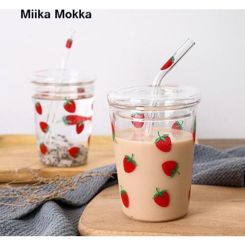 320ml Strawberry Glass Girl Star Letter Pattern Glass with Straw Juice Milk Tea Coffee Wine Creative Cup Gift for Childen