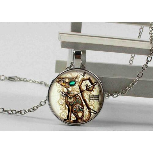Wholesale and retail new steampunk cat glass pendant necklace pendant steampunk jewelry