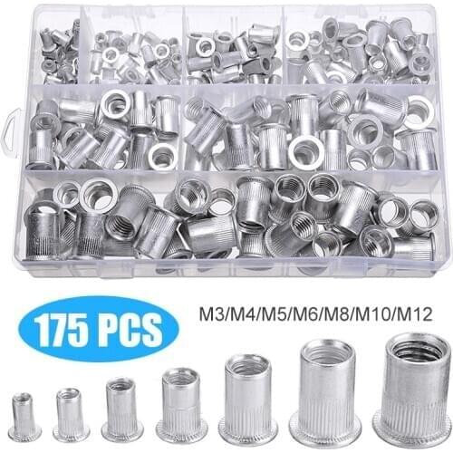 Universal 175pcs Aluminum Threaded Rivet Nut Assortment M3 M4 M5 M6 M8 M10 M12 Rivet Nut Mixed Kit