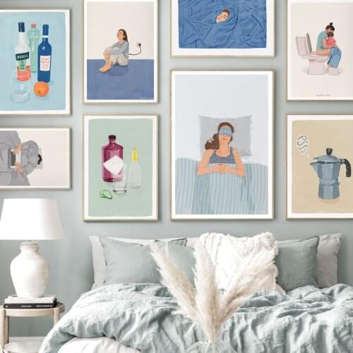 Nordic Poster Wine Coffee Recharge Work Dreamer Girl Abstract Wall Art Print Canvas Painting Shit Decor Pictures For Living Room