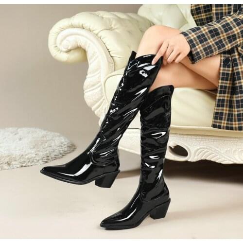 Patent Leather Ladies Spring Autumn Knee High Boots Fashion Slip On Womens Shoes Winter Square High-Heel Plus Size Knight Boots