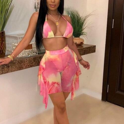 Women Sexy Two Pieces Bathing Suit Beach Tie Dye Printing Triangle Bra and Ruffle Splicing Mesh Short Pants Swimsuits Bikinis