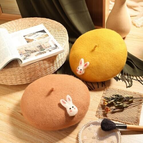 Winter Women beret hat autumn DIY retro painter hat cute rabbit painting octagonal hat pumpkin cap