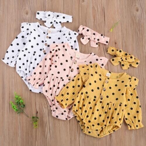 0-24M Infant Baby Girl Sweet Romper Headband 2pcs Ruffle Shoulder Dot Print Long Sleeve Jumpsuit Playsuit Fall Outfits