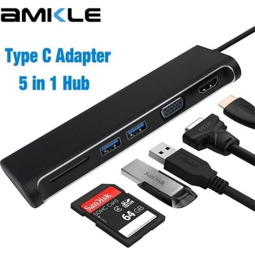 AMKLE Type C HUB USB HDMI VGA Adapter USB 3.0 SD Card Reader Adapter 1080P Video Converter USB 3.0 HUB for PC Computer Laptop