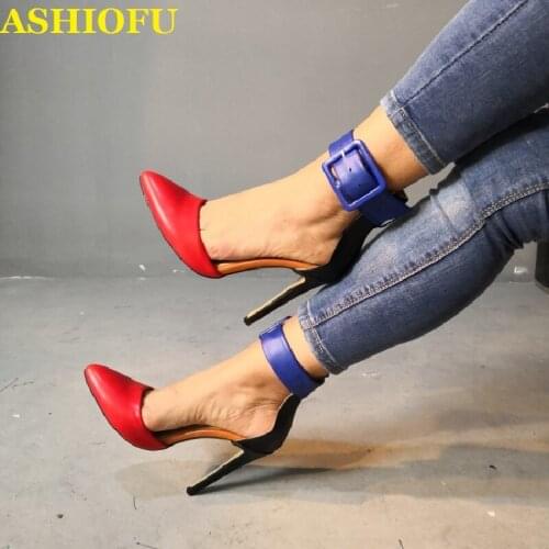 ASHIOFU Wholesale Women High Heel Pumps Buckle Strap Patchwork Party Prom Dress Shoes Pointed Toe Daily Evening Fashion Shoes