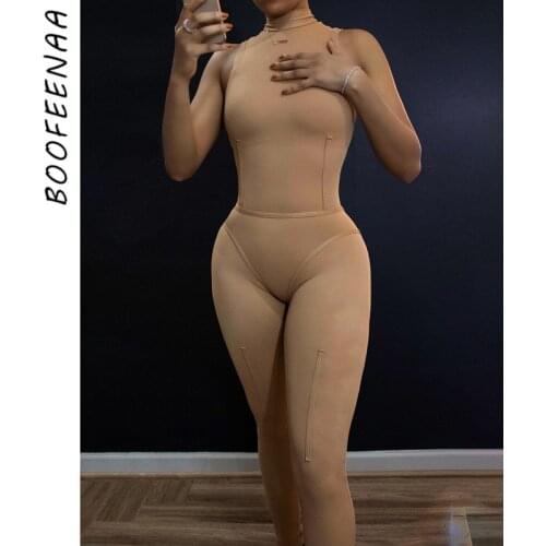 BOOFEENAA Sexy Sleeveless Bodycon Jumpsuit Womens Summer Outfits 2021 One Piece Outfit Active Wear Ladies Rompers C85-CG22