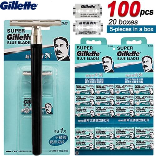 Razor Blades Cassettes Mens Manual Shaver for Gillette Double Edge Shaving Heads Super Blue and Replacement Shaving Blad