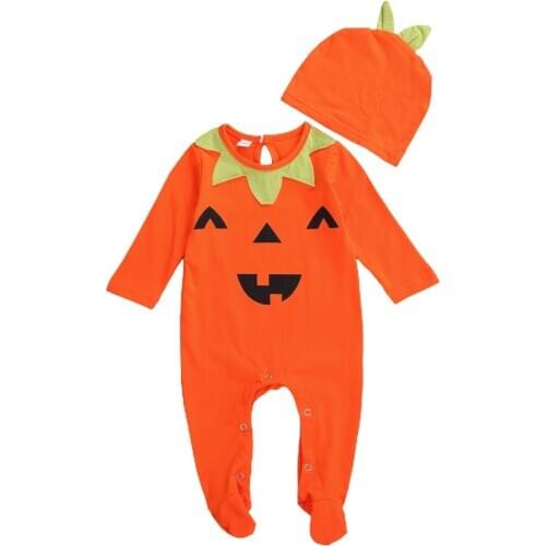 FOCUSNORM Autumn Baby Boys Girls Halloween Footies Hats 2pcs Long Sleeve Ruffles Cartoon Pumpkin Print Outfits