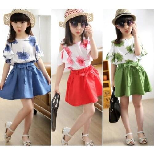 2Pcs Girls Summer Dress Set Girl Tshirt Children Off Shoulder Tops Short Skirt Two Piece Outfits for Teenager Girls 2 to 12 year