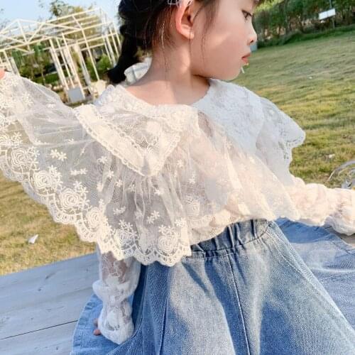 Girls' Lace T-shirt 2021 Autumn Sweet Cute Ruffle Edge Childrens Korean O-Neck Solid Thin Flower Edge Fashion Top