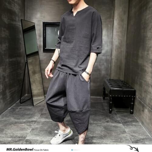 MrGoldenBowl Store Cotton Linen Solid Summer Tracksuit Men 2020 Mens Loose Pant Suit Sets Male Fashion Casual Chinese Style 5XL