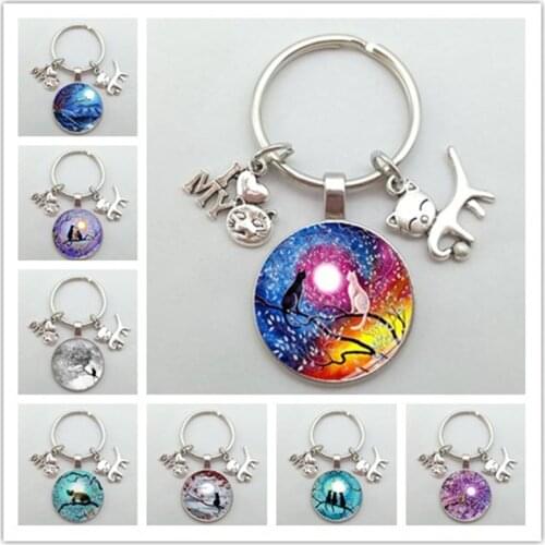 Cute Anime Cat Under Night Sky Keychain with Cat Pendent Fashion Animal Women Purse Bag Car Pendant Key Chain Ring Holder