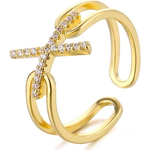 Fshion Cubic Zircon X Shape Gold Ring Geometric Hollow Vintage Open Letter Rings For Women Personailty Jewelry