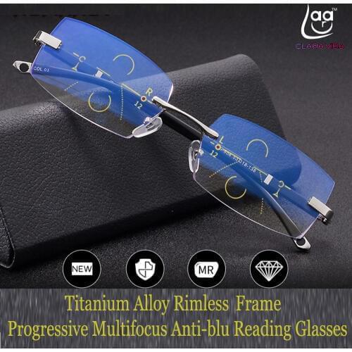 Clara Vida = Progressive Multifocal Reading Glasses Titanium Alloy Rimless TR90 Cut Edges See Near And Far TOP 0 ADD +0.75 To +3