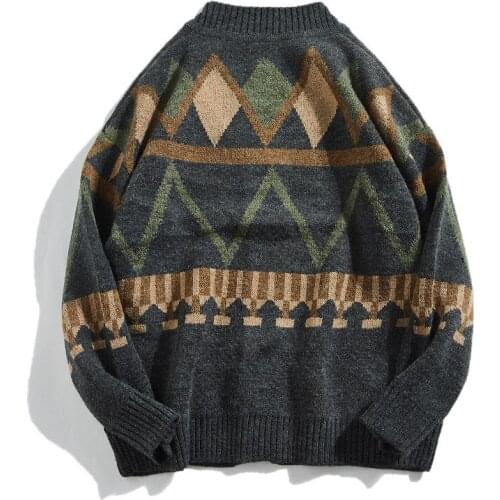 2022 Mens Retro Japanese Jacquard Casual Sweater Teenagers Autumn Loose V-neck Knitted Cardigan