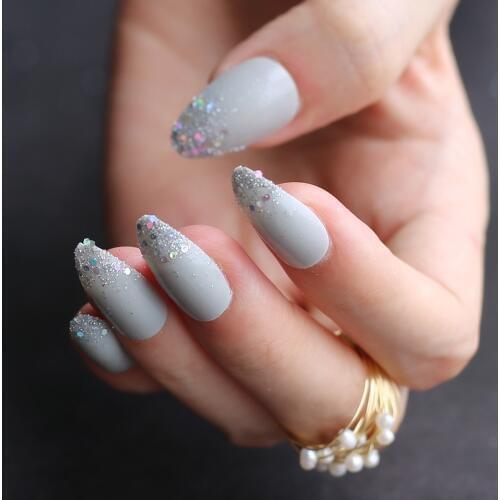 Gray Ombre French glitter AB Short Stiletto UV Gel nude Fake Nails Black Shimmer Finger red false nail point tip pink Handmade