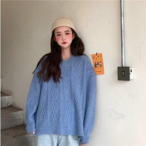 Autumn Winter Women Cotton Sweaters 2020 Casual Fashion Loose Harajuku V-neck Twist Knitted Sweater Korean Chic Tops Pullovers