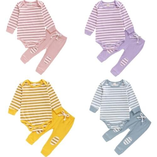 2020 Autumn Newborn Baby Girls Boys Clothing Set Children Casual Long Sleeve Round Collar Striped Top + Drawstring Pants 0-24M