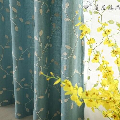 Pastoral Style Leaf Embroidered Semi-blackout Curtains for Living Room Bedroom Study Advanced Embroidered Curtain Tulle Custom