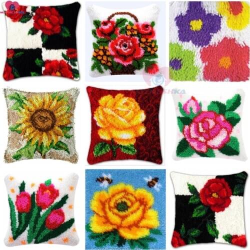 Dropshipping Latch Hook kits Pillow flower Diy Handmade Printed Canvas Cushion Latch Hook Kits Unfinished accessories 43x43cm