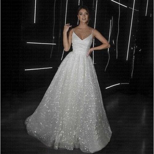 Super Shiny A-line Wedding Dresses 2021 Sexy Spaghetti Straps Arabic Bridal Gowns