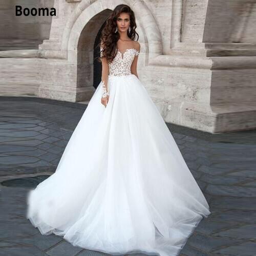 Booma Elegant Lace Appliques Wedding Dresses with Long Sleeves Illusion White Tulle A line Bridal Gown Vintage Sweep Train 2020