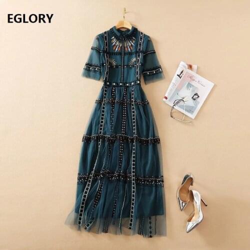 Vintage Long Dress 2021 Spring Summer Designer Fashion Women Turn-down Collar Sexy Tulle Mesh Embroidery Long Maxi Dress Green