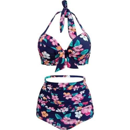 Vintage Swimsuit Collection Bikini High Waist Large Size Split Body Swimwear Print Women Fat Swimwear Halter Lace Up Headband XL